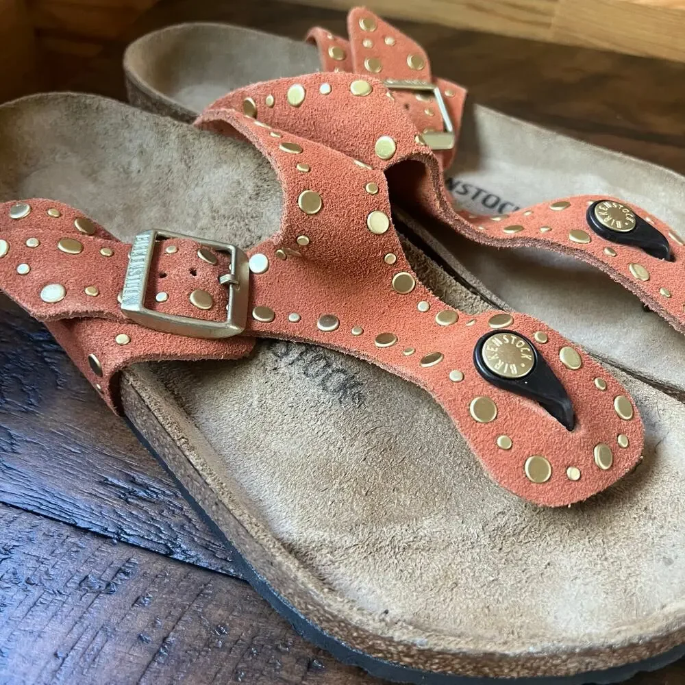 Birkenstock Gizeh Rivet Border Sandals 41 Dark Rust Terracotta Suede Thong Stud - Picture 8 of 16
